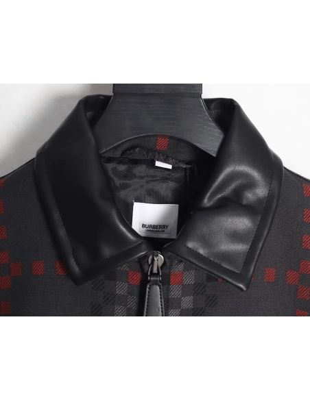 Burberry Pixel Check Wool Blend Harrington Leather Jacket,Cheap Replica Reps Burberry