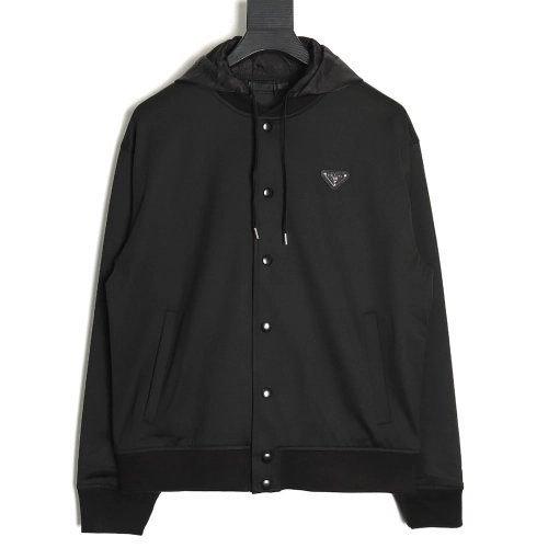 Prada Logo Baseball Hooded Cardigan Jacket,Cheap Replica Reps Prada