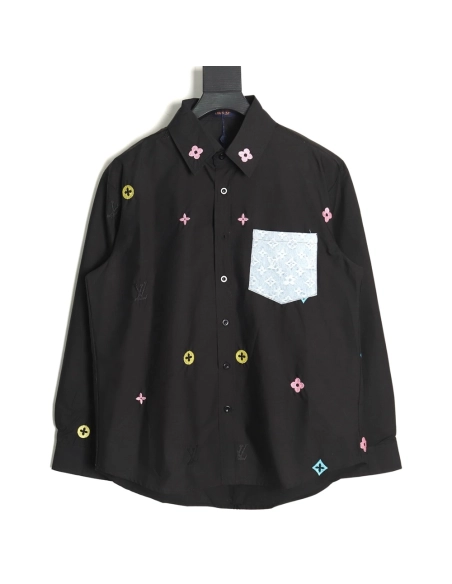 Louis Vuitton Colorful Monogram Embroidered Denim Pocket Shirt TSK1,Cheap Replica Reps Louis Vuitton