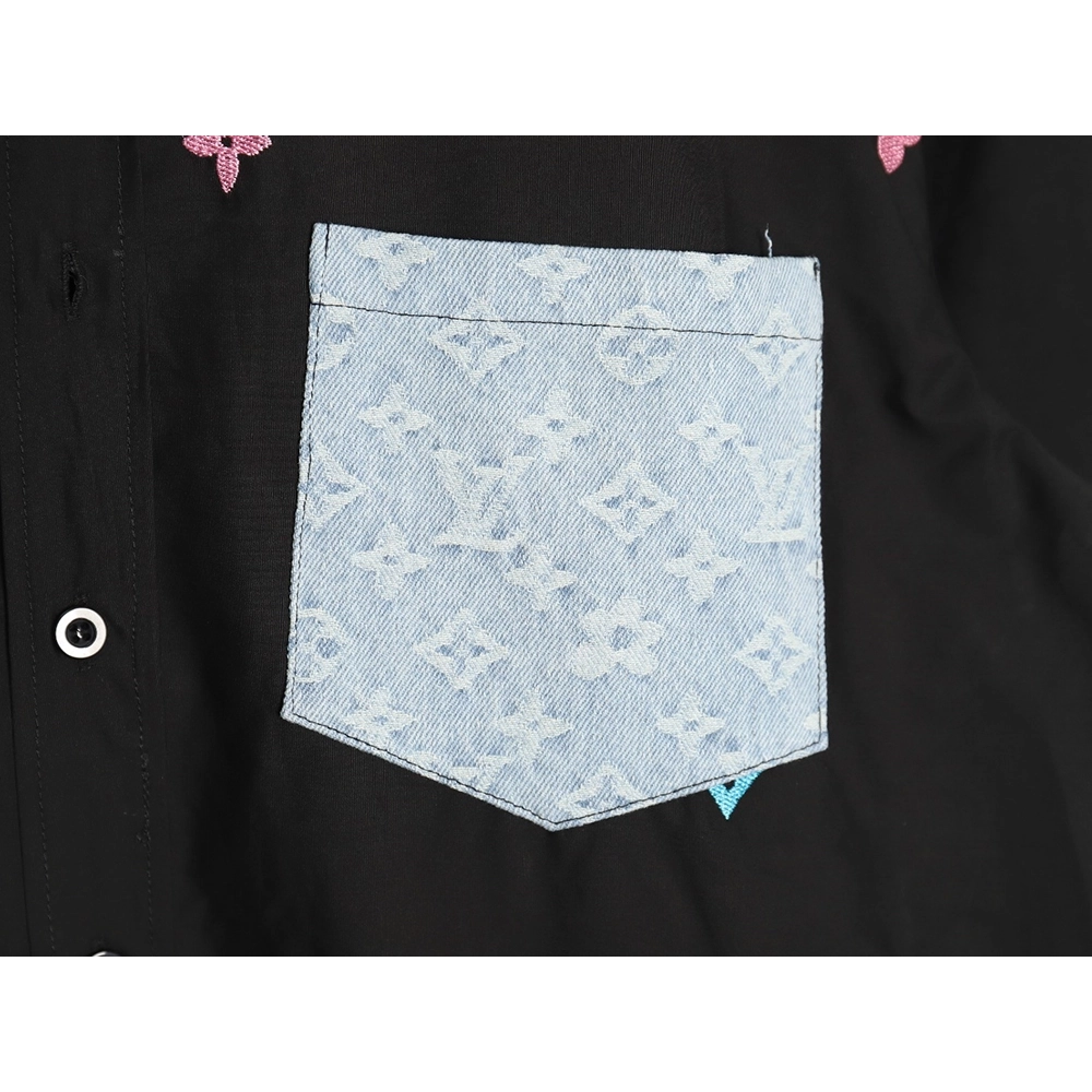 Louis Vuitton Colorful Monogram Embroidered Denim Pocket Shirt TSK1,Cheap Replica Reps Louis Vuitton