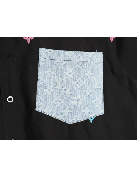 Louis Vuitton Colorful Monogram Embroidered Denim Pocket Shirt TSK1,Cheap Replica Reps Louis Vuitton