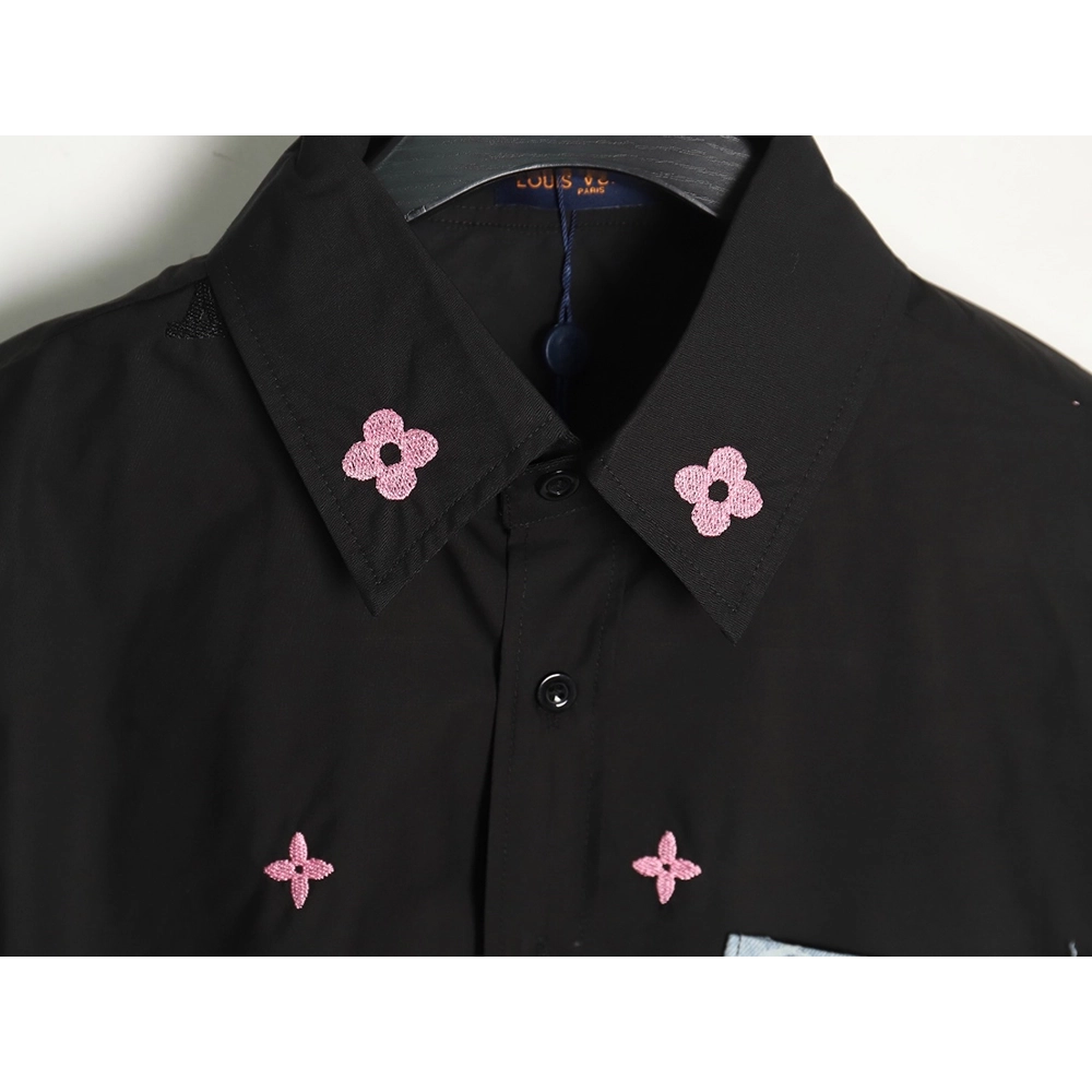 Louis Vuitton Colorful Monogram Embroidered Denim Pocket Shirt TSK1,Cheap Replica Reps Louis Vuitton