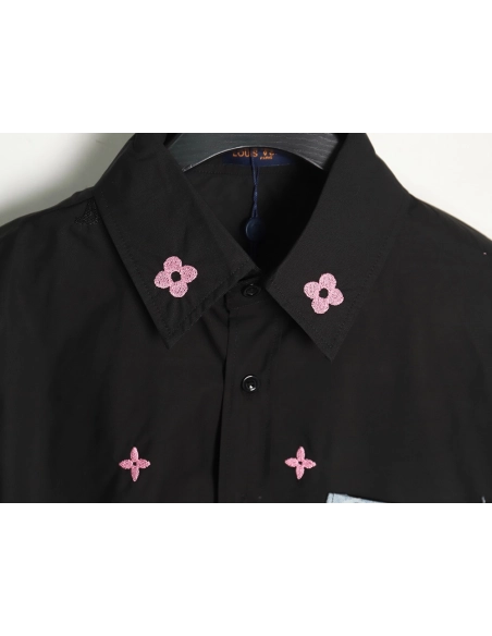 Louis Vuitton Colorful Monogram Embroidered Denim Pocket Shirt TSK1,Cheap Replica Reps Louis Vuitton