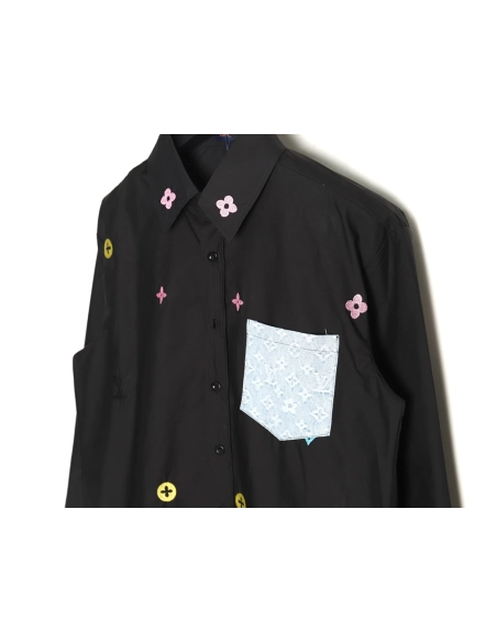 Louis Vuitton Colorful Monogram Embroidered Denim Pocket Shirt TSK1,Cheap Replica Reps Louis Vuitton