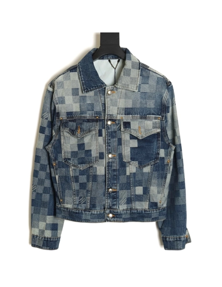 Louis Vuitton Mosaic Checkerboard Denim Jacket SXL,Cheap Replica Reps Louis Vuitton