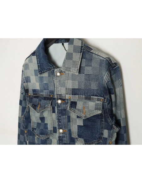 Louis Vuitton Mosaic Checkerboard Denim Jacket SXL,Cheap Replica Reps Louis Vuitton