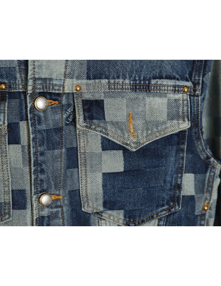 Louis Vuitton Mosaic Checkerboard Denim Jacket SXL,Cheap Replica Reps Louis Vuitton