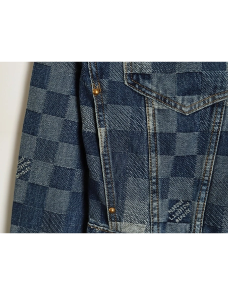 Louis Vuitton Mosaic Checkerboard Denim Jacket SXL,Cheap Replica Reps Louis Vuitton