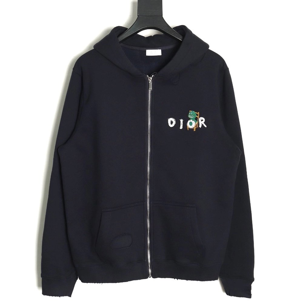 Dior Little Dinosaur Ripped Hooded ZipUp Sweatshirt,Cheap Replica Reps Dior