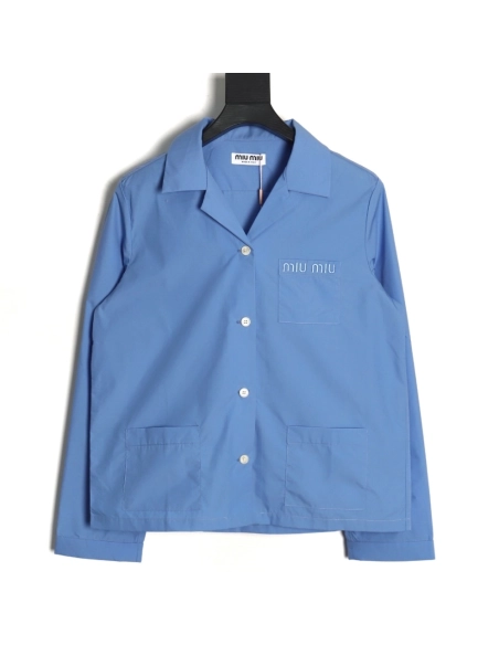 Miu Miu Pocket Lettering Embroidered Poplin Shirt TSK1,Cheap Replica Reps Miu Miu