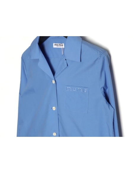 Miu Miu Pocket Lettering Embroidered Poplin Shirt TSK1,Cheap Replica Reps Miu Miu