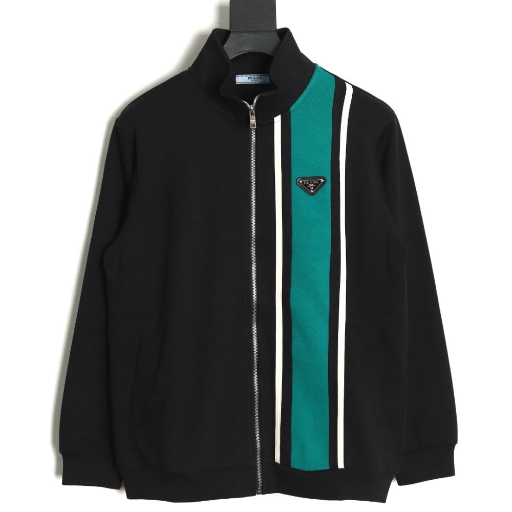 Prada side triangle logo green webbing zipper jacket,Cheap Replica Reps Prada