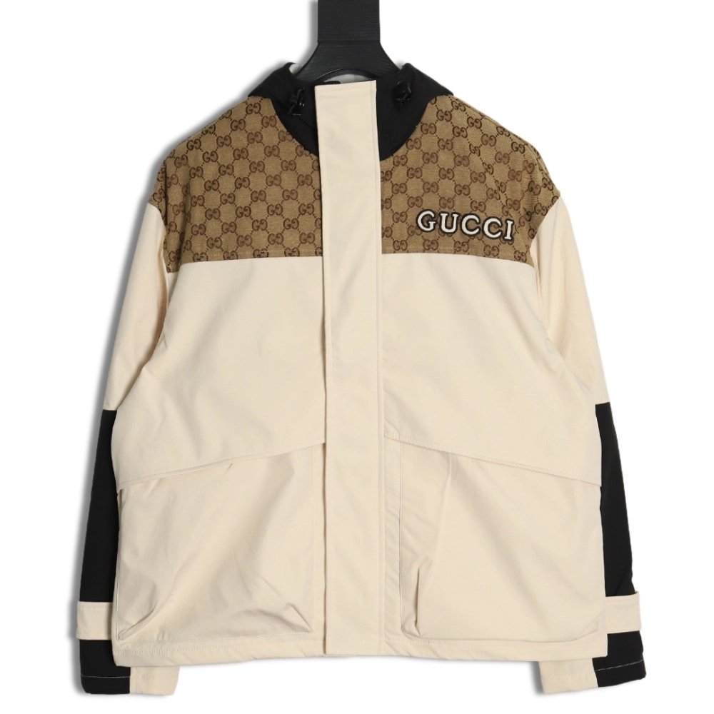 Gucci patchwork full print monogram hooded windbreaker jacket,Cheap Replica Reps Gucci