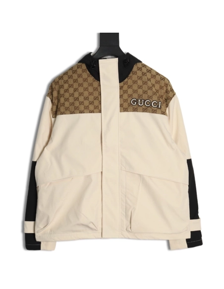 Gucci patchwork full print monogram hooded windbreaker jacket,Cheap Replica Reps Gucci
