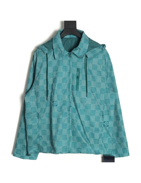 Louis Vuitton Green Checkerboard Hooded Windbreaker Jacket XSL,Cheap Replica Reps Louis Vuitton