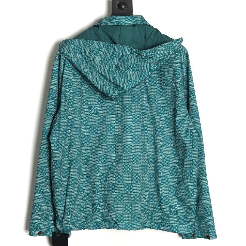 Louis Vuitton Green Checkerboard Hooded Windbreaker Jacket XSL,Cheap Replica Reps Louis Vuitton