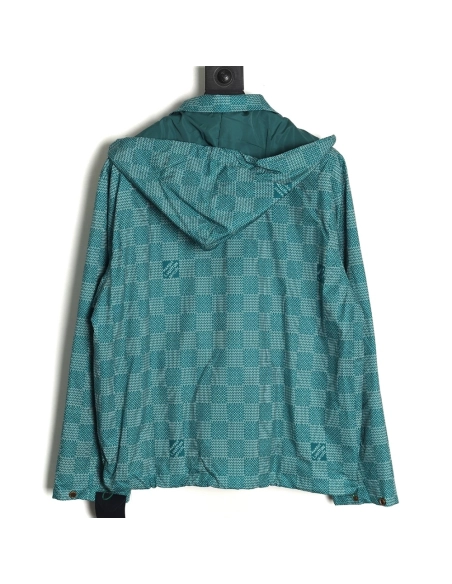Louis Vuitton Green Checkerboard Hooded Windbreaker Jacket XSL,Cheap Replica Reps Louis Vuitton