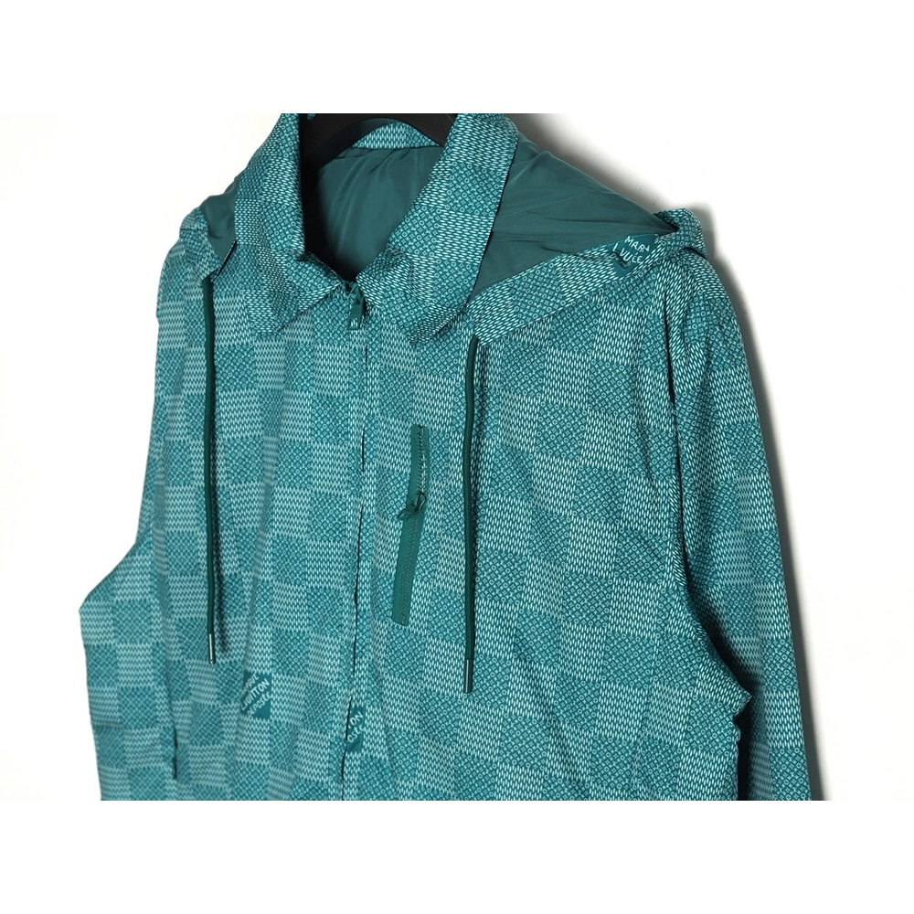 Louis Vuitton Green Checkerboard Hooded Windbreaker Jacket XSL,Cheap Replica Reps Louis Vuitton