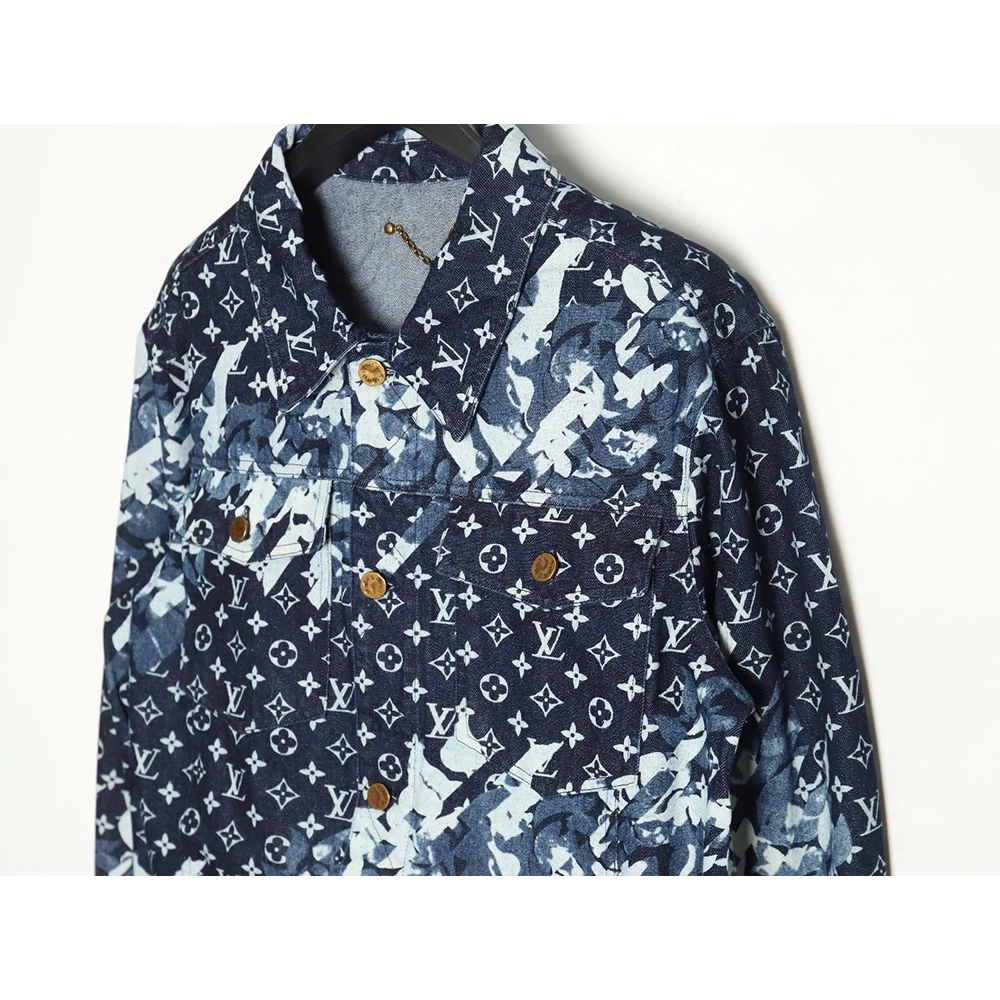 Louis Vuitton classic monogram peak collar blue denim jacket,Cheap Replica Reps Louis Vuitton