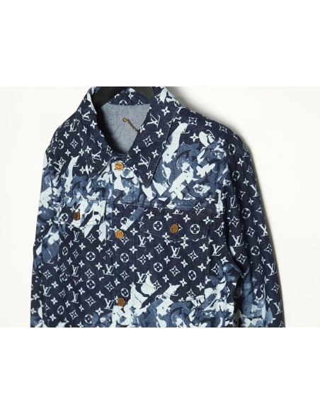 Louis Vuitton classic monogram peak collar blue denim jacket,Cheap Replica Reps Louis Vuitton