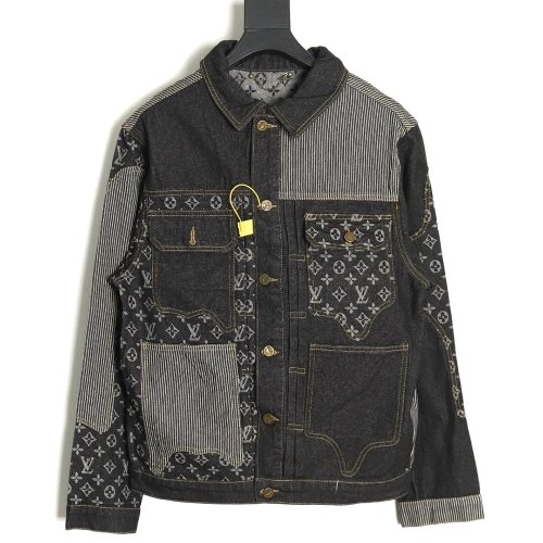 Louis vuitton patchwork contrast washed denim jacket 4652,Cheap Replica Reps Louis Vuitton