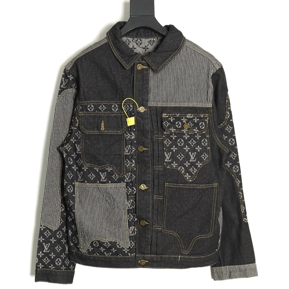 Louis vuitton patchwork contrast washed denim jacket 4652,Cheap Replica Reps Louis Vuitton