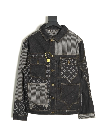 Louis vuitton patchwork contrast washed denim jacket 4652,Cheap Replica Reps Louis Vuitton