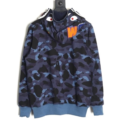 Bape shark head tiger head zipper camouflage double hoodie TSK3,Cheap Replica Reps Bape