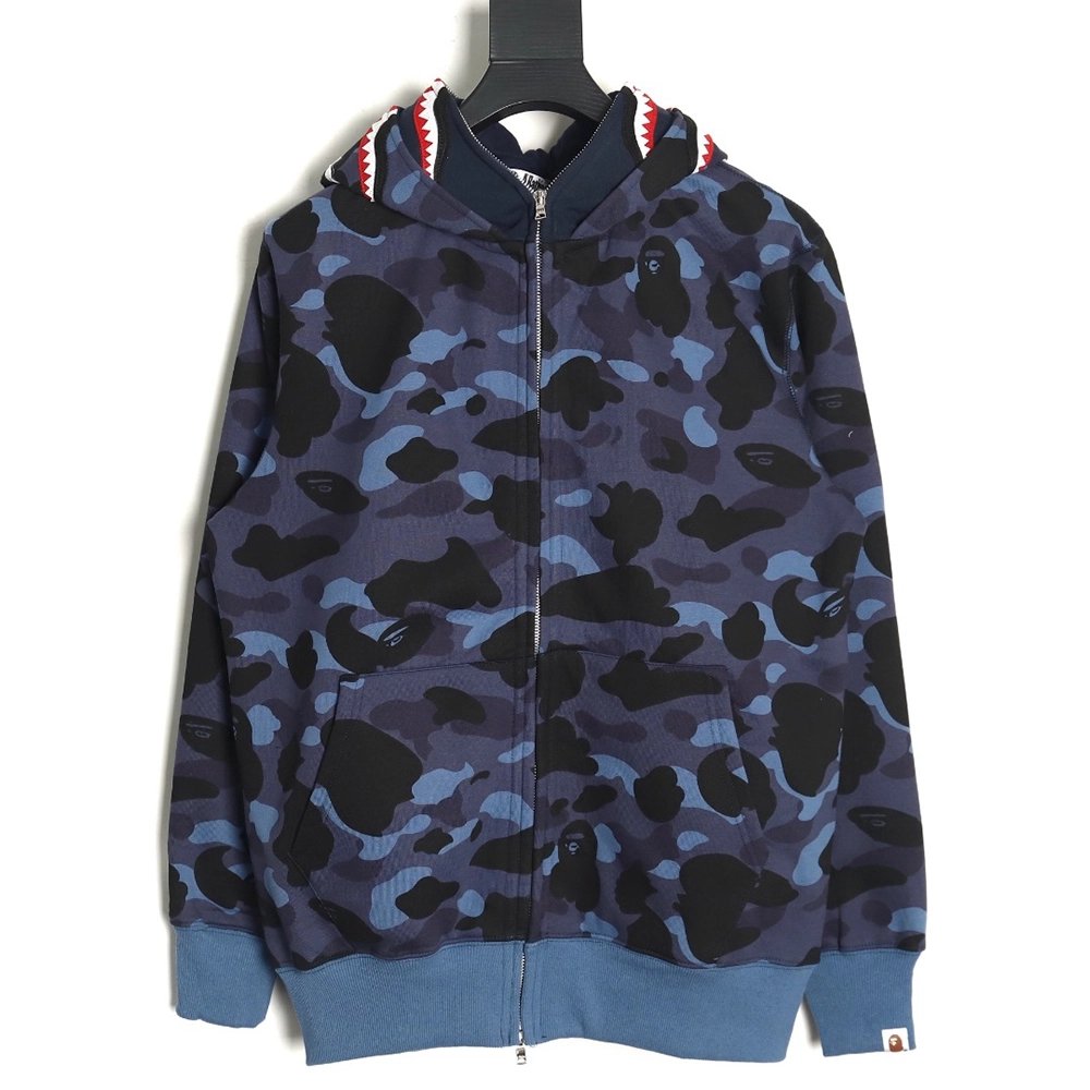 Bape shark head tiger head zipper camouflage double hoodie TSK3,Cheap Replica Reps Bape