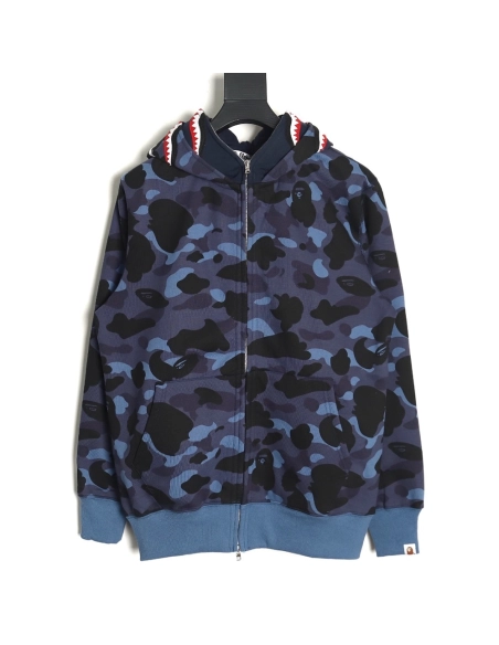 Bape shark head tiger head zipper camouflage double hoodie TSK3,Cheap Replica Reps Bape
