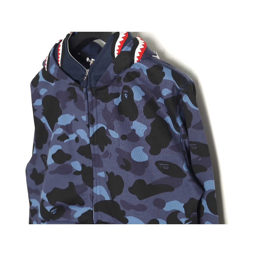 Bape shark head tiger head zipper camouflage double hoodie TSK3,Cheap Replica Reps Bape