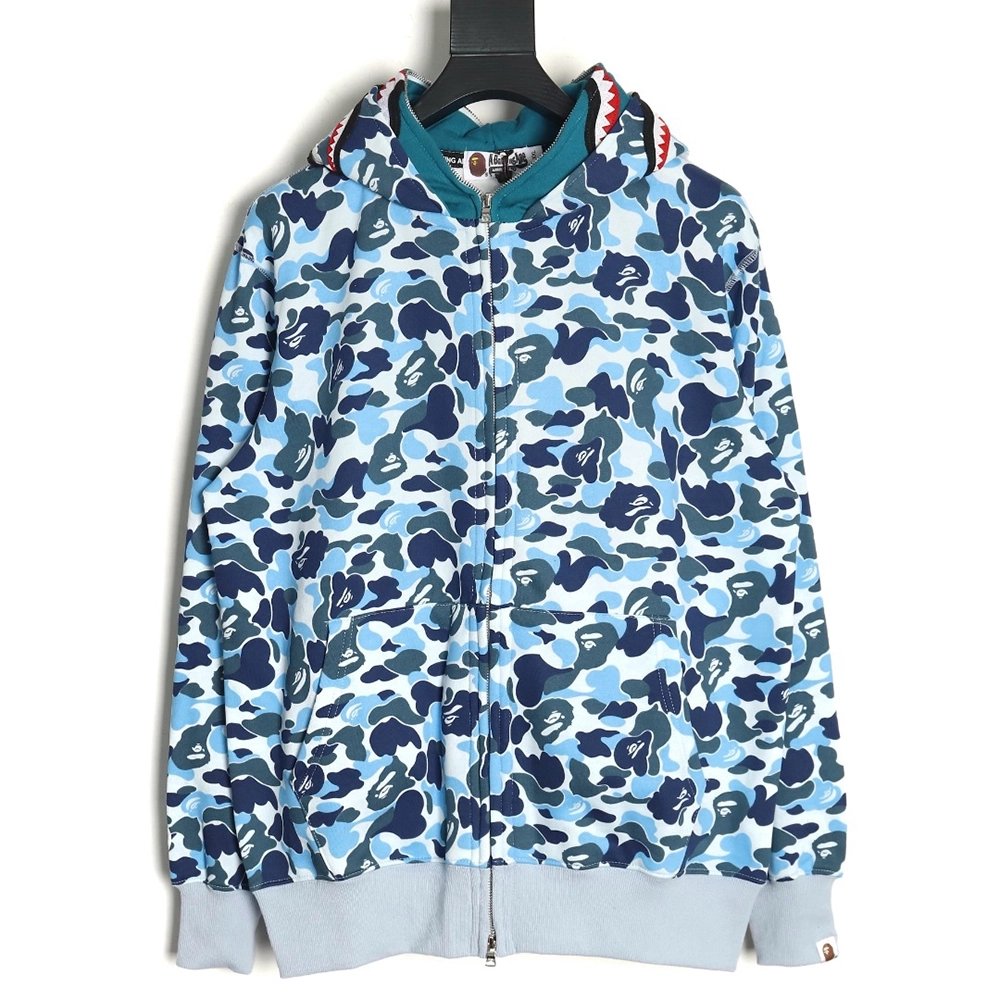 Bape shark head tiger head zipper camouflage double hoodie TSK2,Cheap Replica Reps Bape