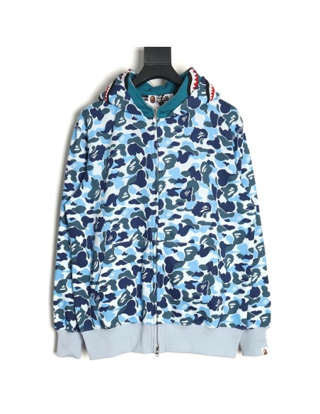 Bape shark head tiger head zipper camouflage double hoodie TSK2,Cheap Replica Reps Bape