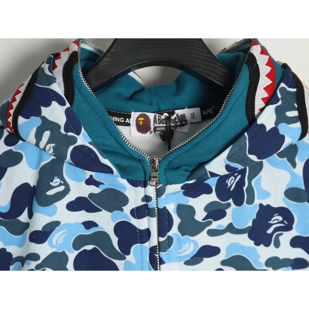 Bape shark head tiger head zipper camouflage double hoodie TSK2,Cheap Replica Reps Bape
