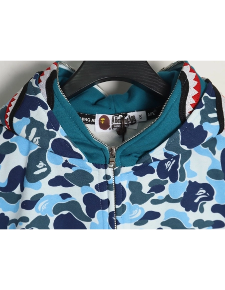 Bape shark head tiger head zipper camouflage double hoodie TSK2,Cheap Replica Reps Bape