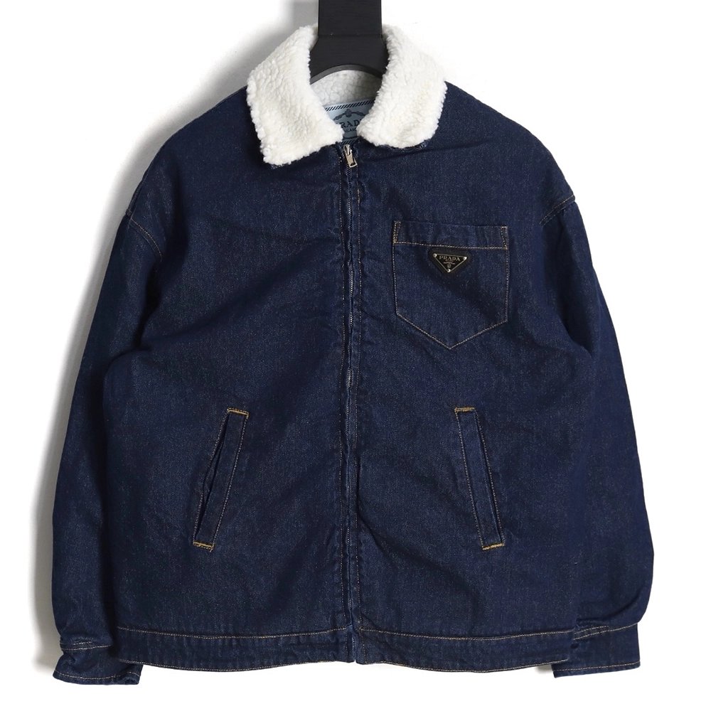 Prada denim lambswool lapel jacket,Prada Jacket,Jacket,APPAREL
