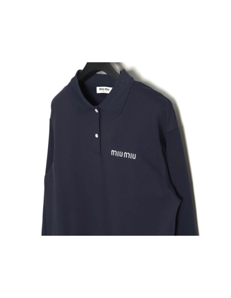 Miu Miu Lettering Embroidered Lapel Long Sleeve T-Shirt,Miu Miu