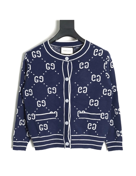 Gucci Double G Jacquard Crew Neck Cardigan Sweater,Gucci,GUC-23241215