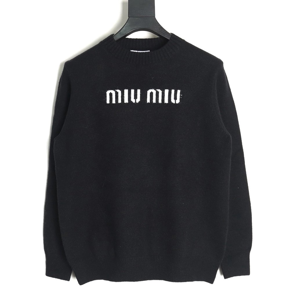 Miu Miu Lettering Jacquard Long Sleeve Crewneck Sweater,Miu Miu