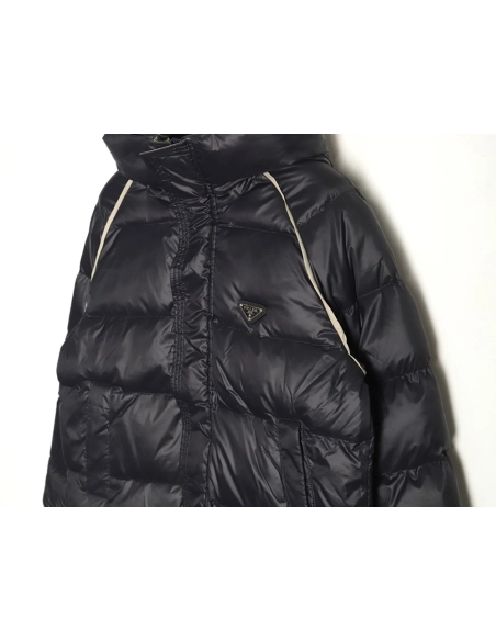 Prada metal triangle logo wide brim hooded down jacket,Prada Jacket,Jacket,APPAREL