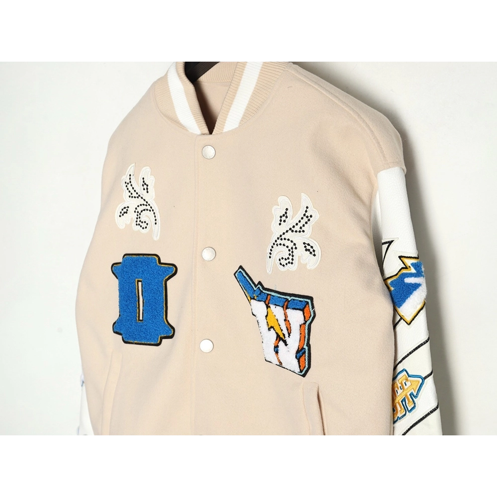 Off White Embroidered Rhinestone Baseball Jacket,Off White Jacket,Jacket,APPAREL