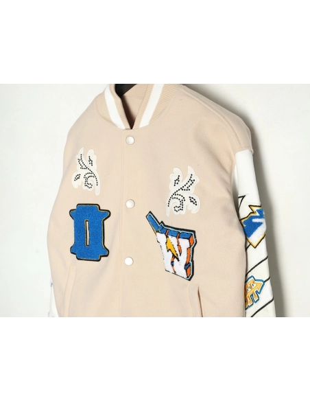 Off White Embroidered Rhinestone Baseball Jacket,Off White Jacket,Jacket,APPAREL