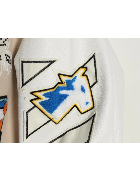Off White Embroidered Rhinestone Baseball Jacket,Off White Jacket,Jacket,APPAREL