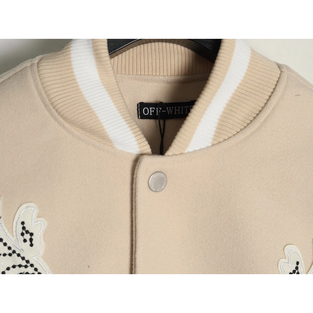 Off White Embroidered Rhinestone Baseball Jacket,Off White Jacket,Jacket,APPAREL