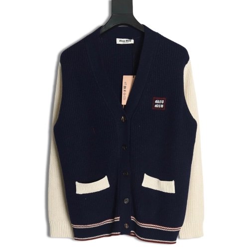 Miu Miu wool cashmere blend white and blue contrast color cardigan,Miu Miu