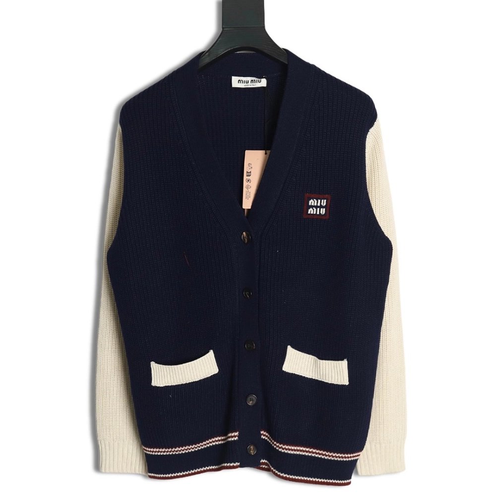 Miu Miu wool cashmere blend white and blue contrast color cardigan,Miu Miu