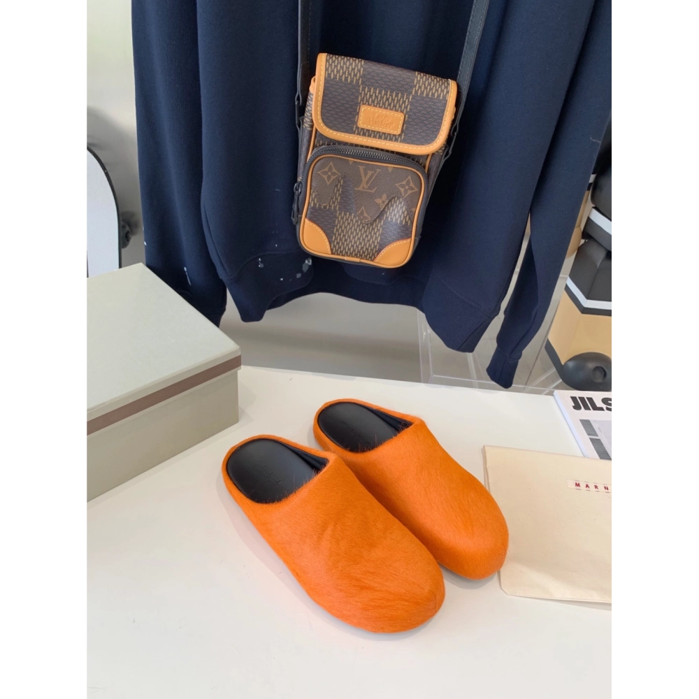 Marni Orange LONG-HAIR CALFSKIN FUSSBETT SABOT Slide,Marni Slide,Men Sneakers