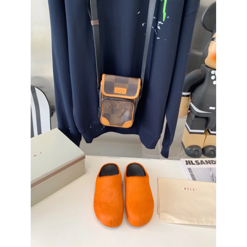 Marni Orange LONG-HAIR CALFSKIN FUSSBETT SABOT Slide,Marni Slide,Men Sneakers