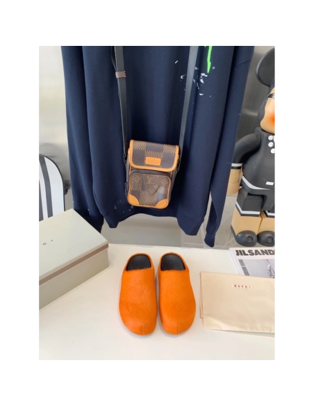 Marni Orange LONG-HAIR CALFSKIN FUSSBETT SABOT Slide,Marni Slide,Men Sneakers