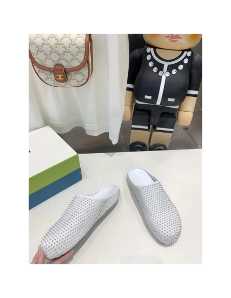 Marni White leather Fussbett Sabot Slide With Rhinestones 241379F121007,Marni Slide,Men Sneakers